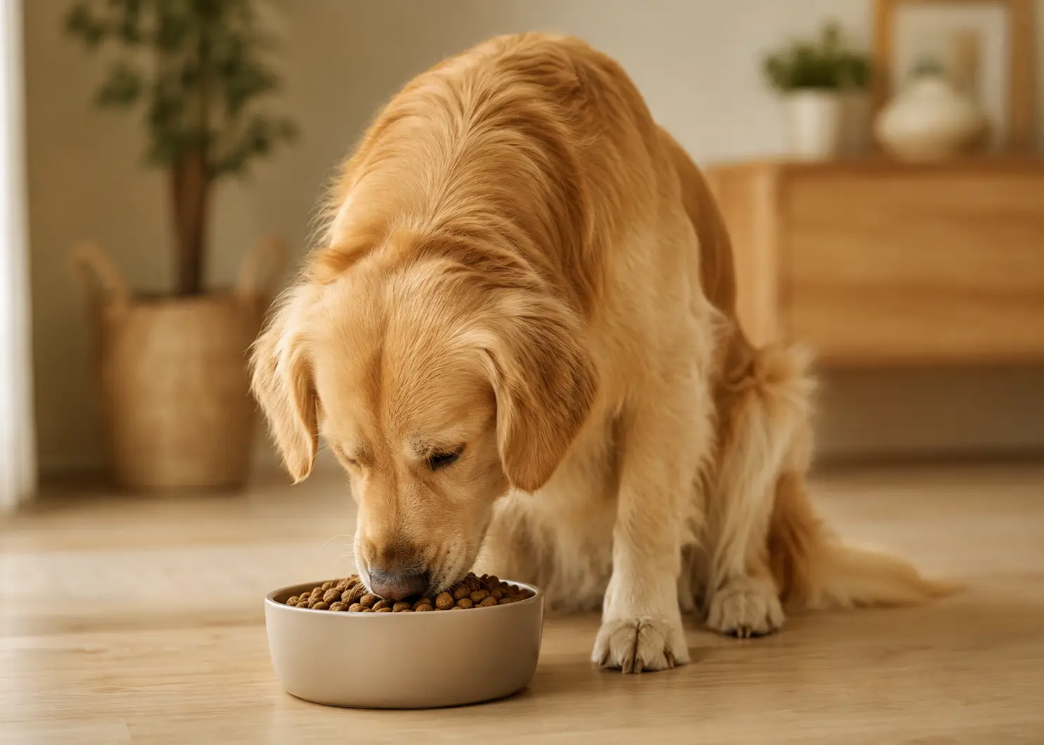 Golden Retriever frisst hochwertiges Trockenfutter aus einem Napf