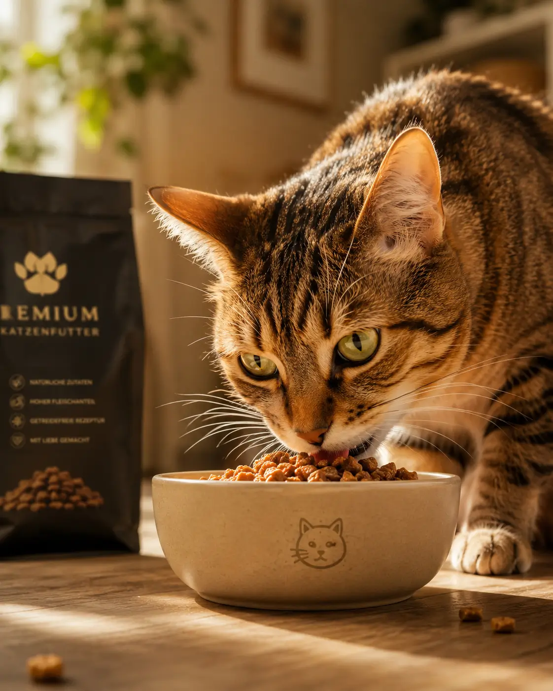 Getigerte Katze frisst Futter aus einem Napf neben einer Katzenfutter-Verpackung