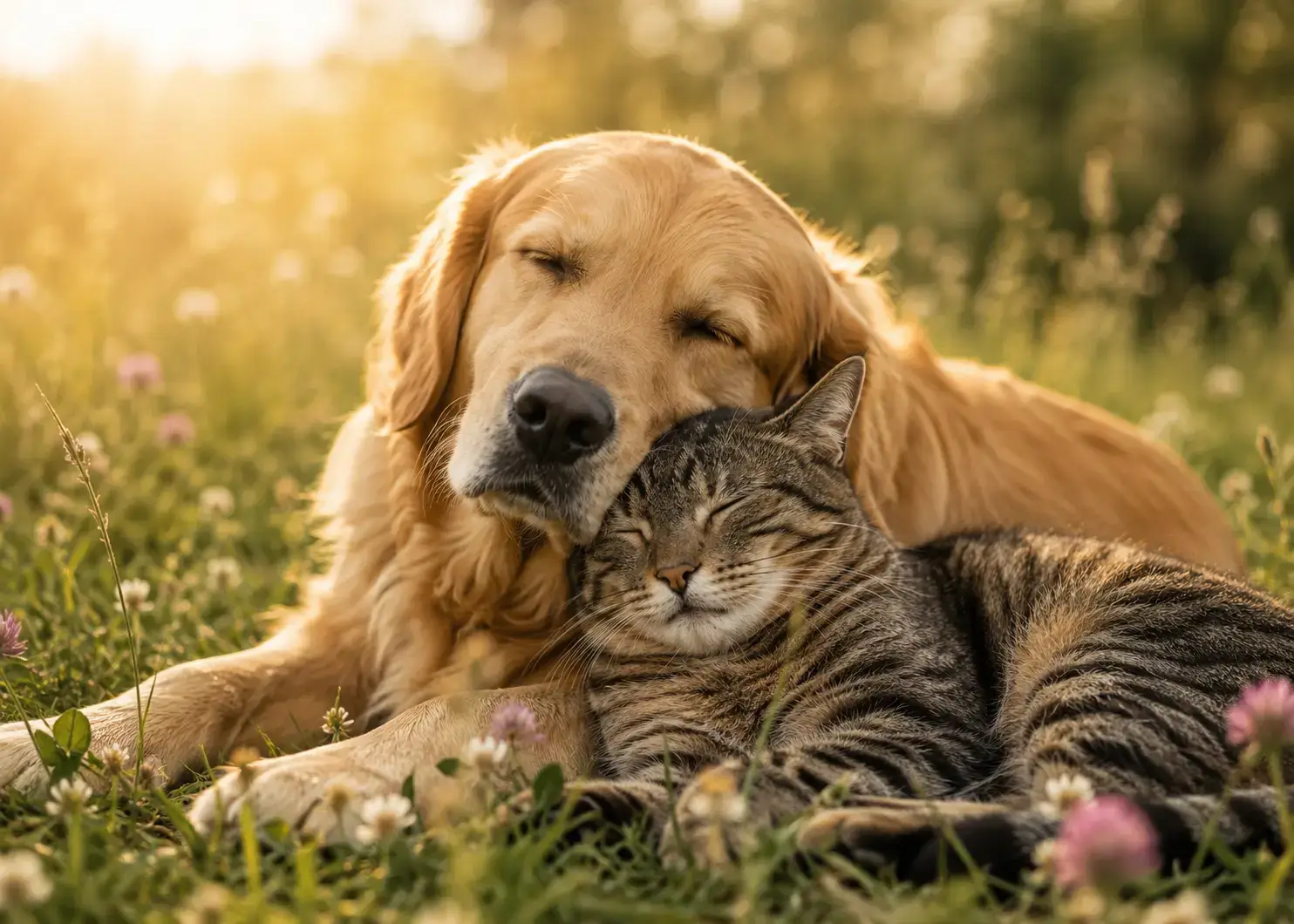 Hund und Katze liegen zusammen auf einer sonnigen Blumenwiese